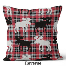 Load image into Gallery viewer, 2 in 1 Red, Black and White Tartan Plaid Print With Moose Throw Pillow 20x20 and 18x18
