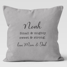 Load image into Gallery viewer, Small &amp; Mighty Baby Unisex Custom Personalized Throw Pillow Cushion Cover

