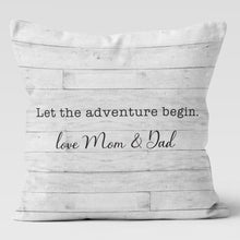 Load image into Gallery viewer, Let The Adventure Begin Baby Shower Custom Personalized Throw Pillow Cover