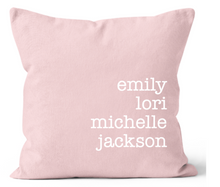 Load image into Gallery viewer, Pink and White Custom Personalized Pillow with Names 20x20 & 18x18