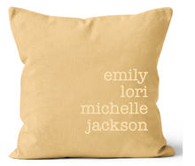 Load image into Gallery viewer, Flax and Yellow Font Names Personalized Throw Pillow 20x20 and 18x18 and 12x20