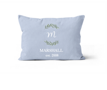 Load image into Gallery viewer, Blue and White Monogram Personalized Throw Pillow 12x20