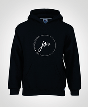 Load image into Gallery viewer, Black hoodie with white embroidered Just4Women Group J4W logo