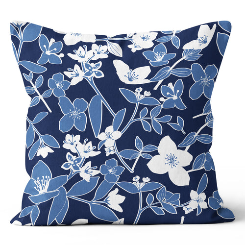 Blue and White Simple Floral Throw Pillow 