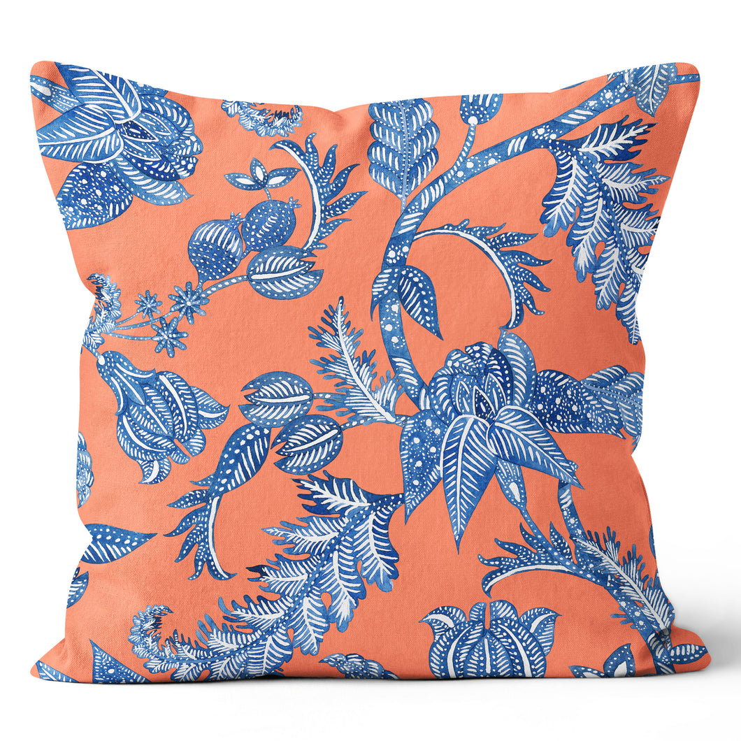 Pleasant Floral Orange and Blue Throw Pillow Cushion 