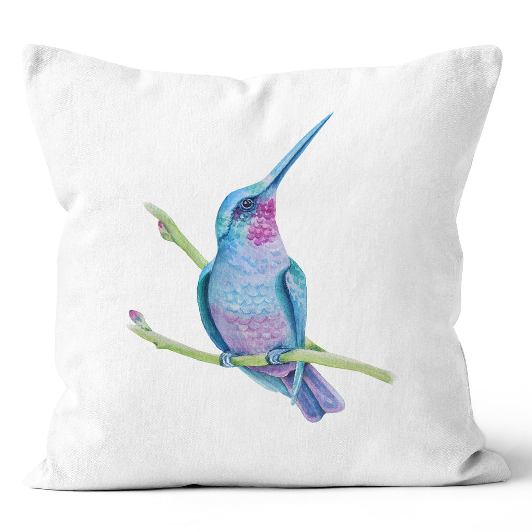 Blue Purple Hummingbird Bird On Green Branch Throw Pillow Cushion  