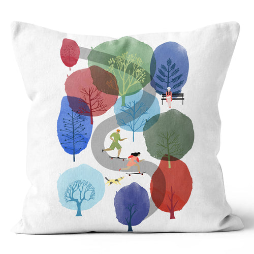 Stroll in the Park Trees Green Purple Blue Red Throw Pillow 