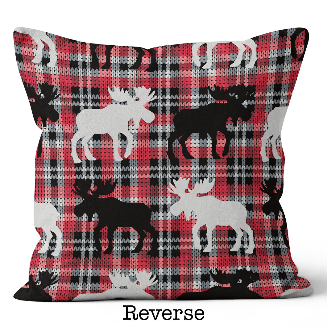 2 in 1 Red, Black and White Tartan Plaid Print With Moose Throw Pillow 20x20 and 18x18
