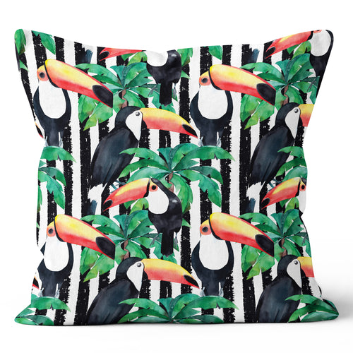 Stripe Toucan Palm Green Black Throw Pillow