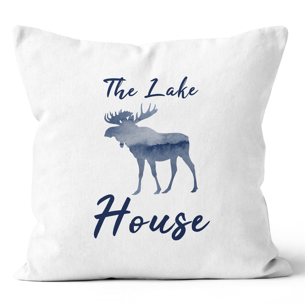 The Lake House Moose Blue White Pillow 