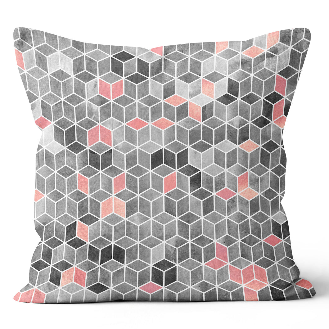 Grey Pink Cubes Pillow Cover