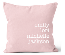 Load image into Gallery viewer, Pink and White Custom Personalized Pillow with Names 20x20 &amp; 18x18
