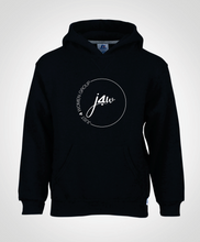 Load image into Gallery viewer, Black hoodie with white embroidered Just4Women Group J4W logo 
