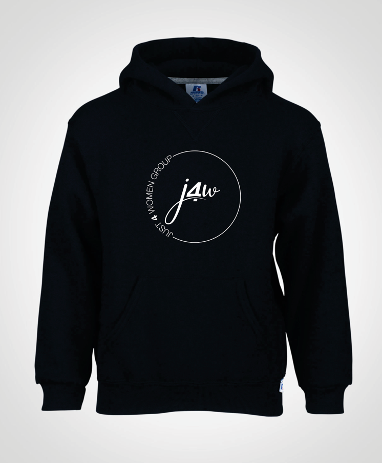 Black hoodie with white embroidered Just4Women Group J4W logo 